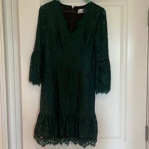 Green dress with lace overlay and 3/4 bell sleeves